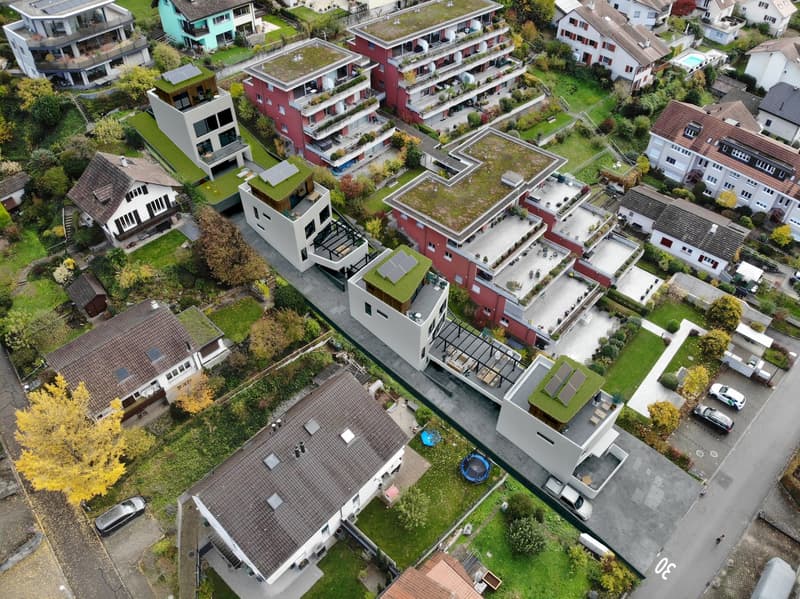 Residential property with multiple buildings, solar panels on roofs, rooftop gardens, balcony, and parking.