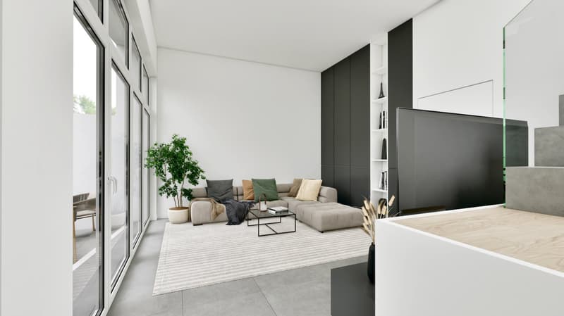 Living room with grey sectional sofa, coffee table, and white rug. Three large windows with sliding doors.