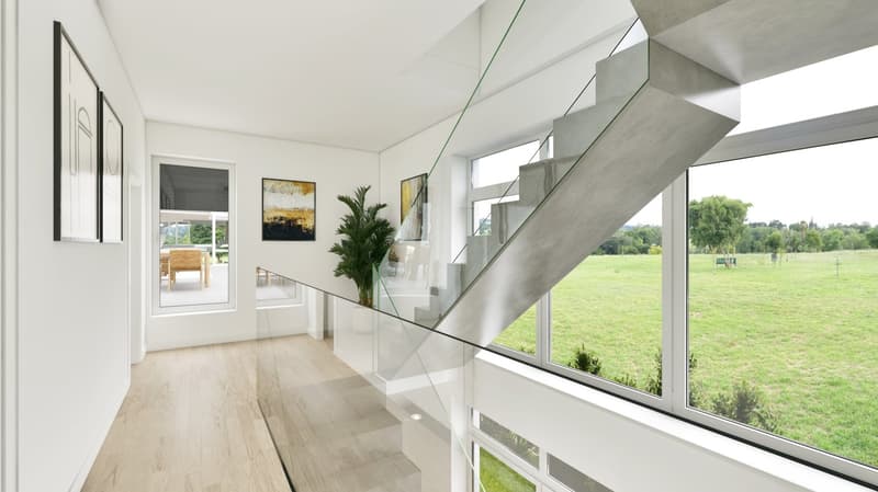 modern interior design, wood flooring, glass railing, large windows, greenery