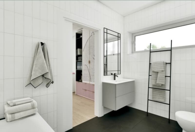 modern bathroom, white tiles, grey floor, white furniture, pink cabinets, mirror, sink, towel rack, window