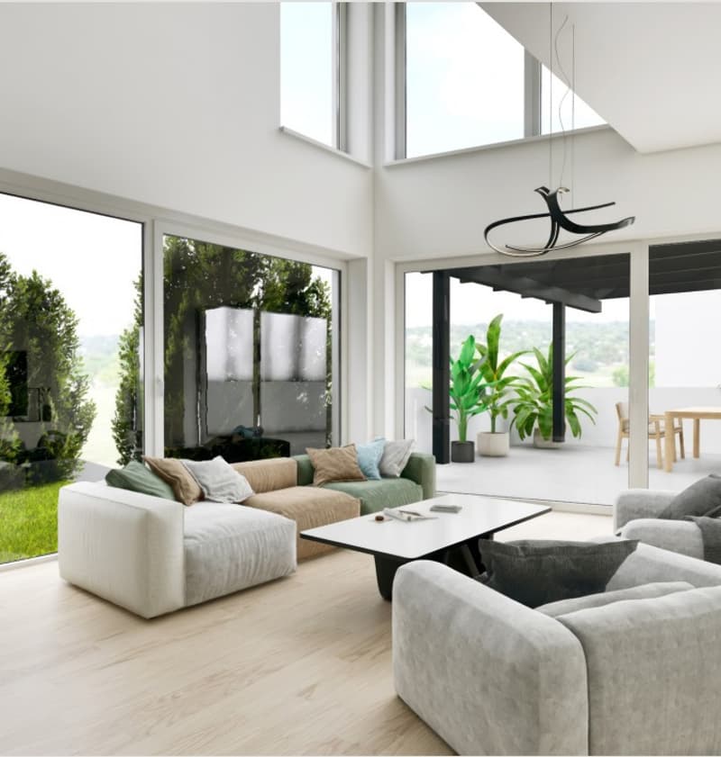 modern open living room with couch and coffee table, large windows, balcony, wooden floor