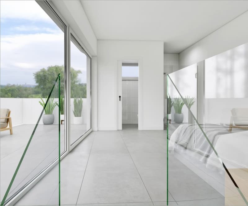 Minimalist style, modern bedroom with grey tiles, large windows, and balcony