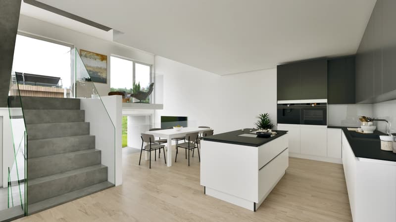 white walls, black counter top, white kitchen, stairs