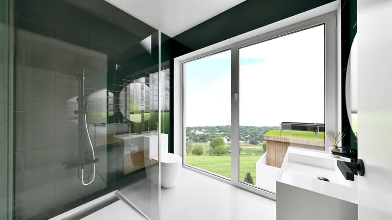 modern shower, toilet, large window, contemporary fittings