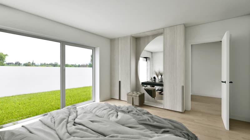 bedroom with glass wall, large bed, modern wardrobe, and grass view