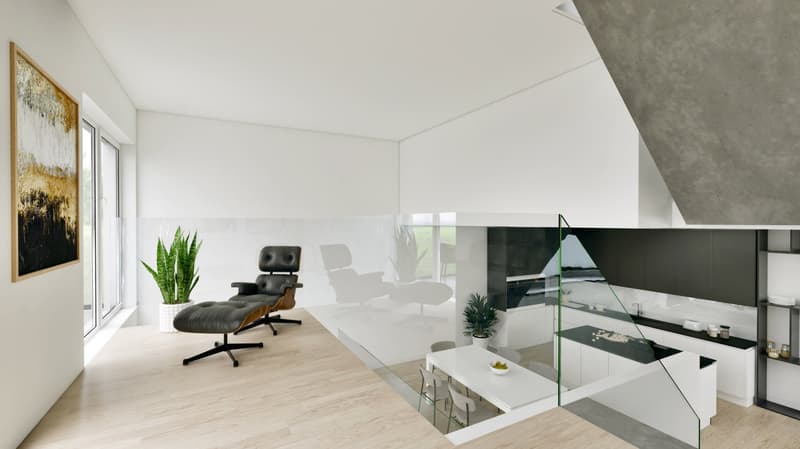wooden floor, glass wall, white walls, living room with kitchen, modern design, Eames chair, plants, artwork