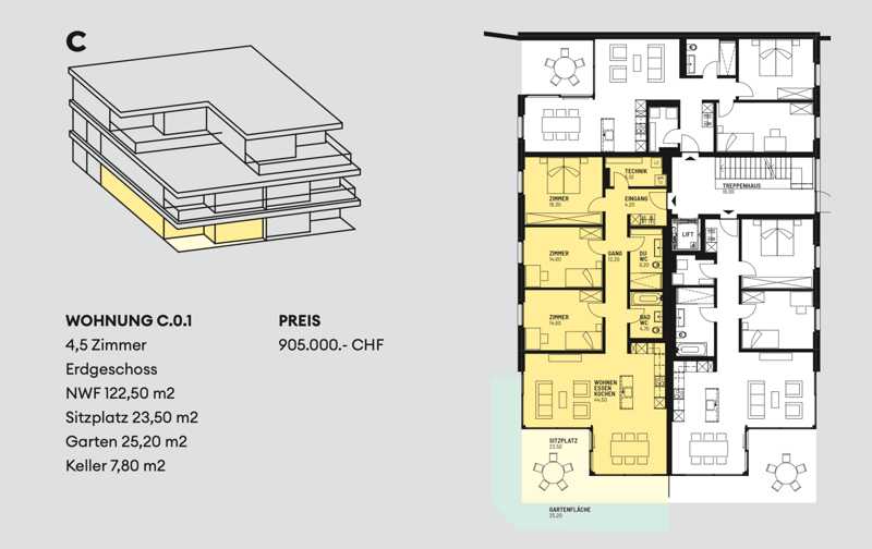 4,5 rooms, 122,50 square meters living space, NW facing, elevated ground floor
