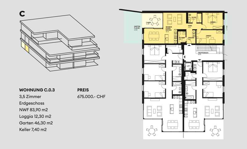 3.5 rooms, top floor, living room, dining room, kitchen, 2 bedrooms, bathroom, balcony, storage, garden, cellar