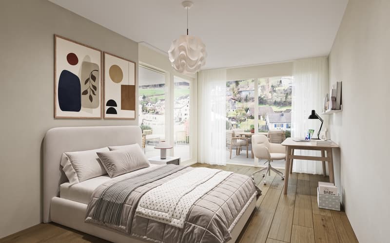 Bedroom with bed, desk, chair, lamp, artwork, and balcony with outdoor furniture