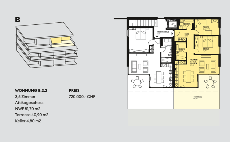 Living room, 3.5 Bedrooms, kitchen, 2 bathrooms, terrace, elevator