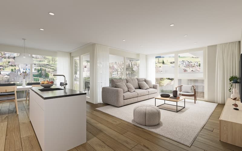 modern living room with large windows, wooden floor, white kitchen, gray sofa, coffee table, armchair, rug, dining table, chairs, pendant light, plants