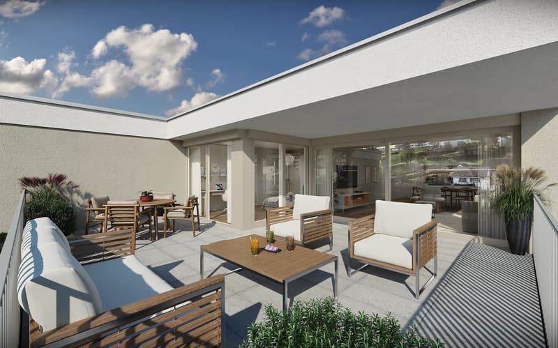 Outdoor area with wooden furniture, table, chairs, plants, and a view of the sky