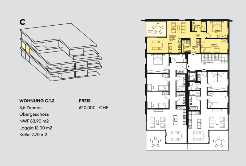 3.5 rooms, Upper floor, 83.90m2, 12.00m2 loggia, 7.70m2 cellar