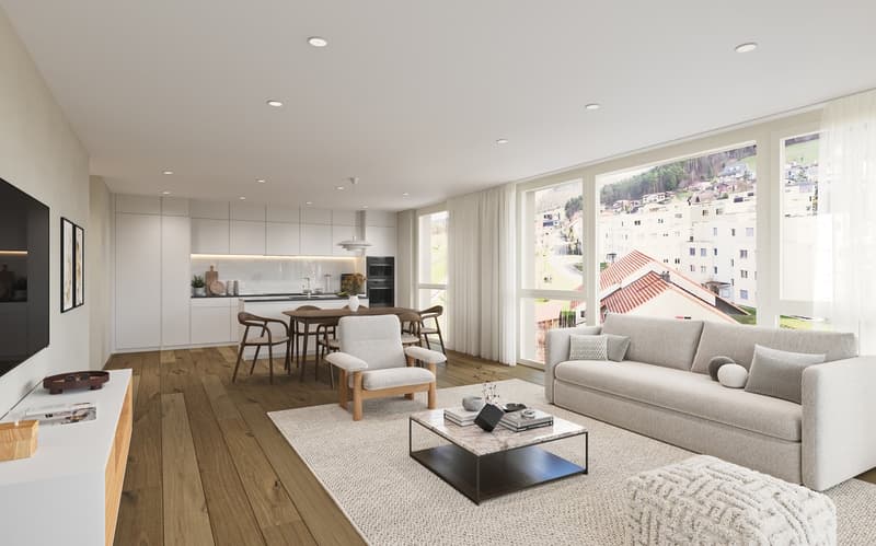modern living room with wooden floor, white walls, large windows, gray sofa, coffee table, armchair, dining table, kitchen with white cabinets, modern appliances, TV, and picture frames