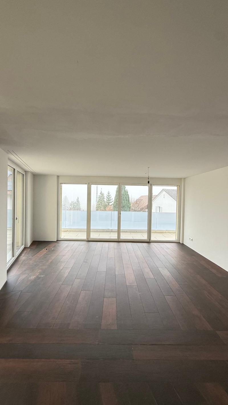 large room, glass walls, balcony, wooden floors, white walls
