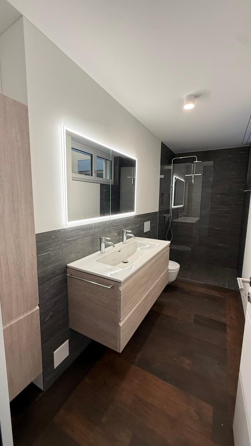 Modern bathroom with large mirror, double sinks, shower and toilet