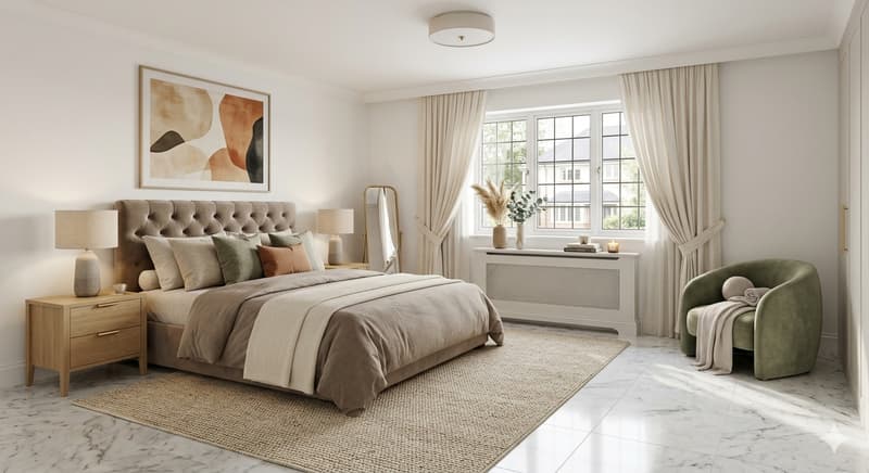 Bedroom with a bed, nightstands, lamps, a rug, a mirror, a window with curtains, a painting, and a chair with a blanket.