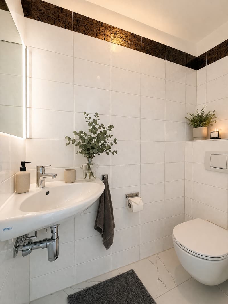 Bathroom with white tiles, white sink, silver faucet, mirror, towel, toilet, potted plant, candle, toilet paper
