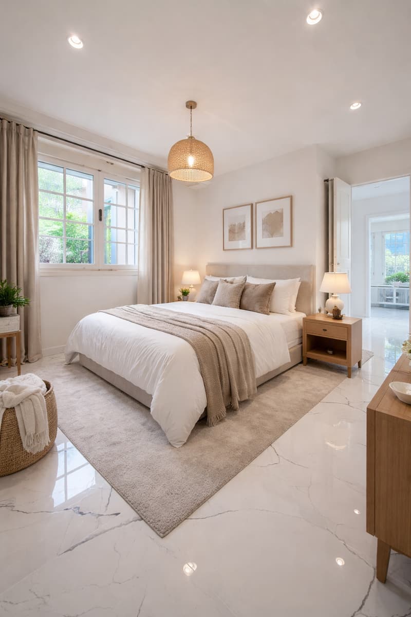 large bed, white bedding, beige blanket, pillows, nightstands, lamps, rug, large windows, curtains, potted plant, wooden cabinet, bowl
