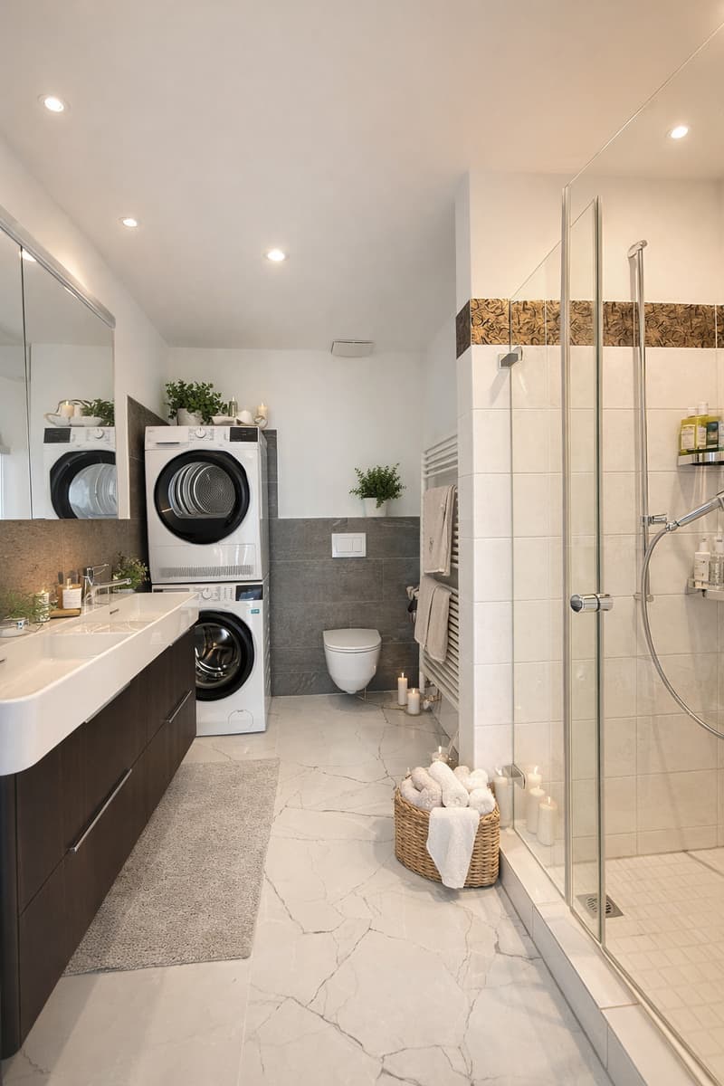 modern bathroom with white tiles, large mirror, white sink, two washing machines, toilet, shower, towel rack, basket with towels