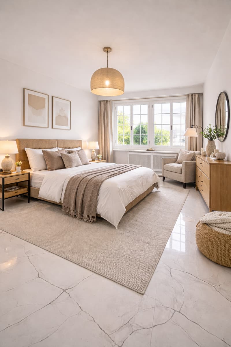A bedroom with a large bed, a chair, a desk, a lamp, a mirror, a window, and a rug.