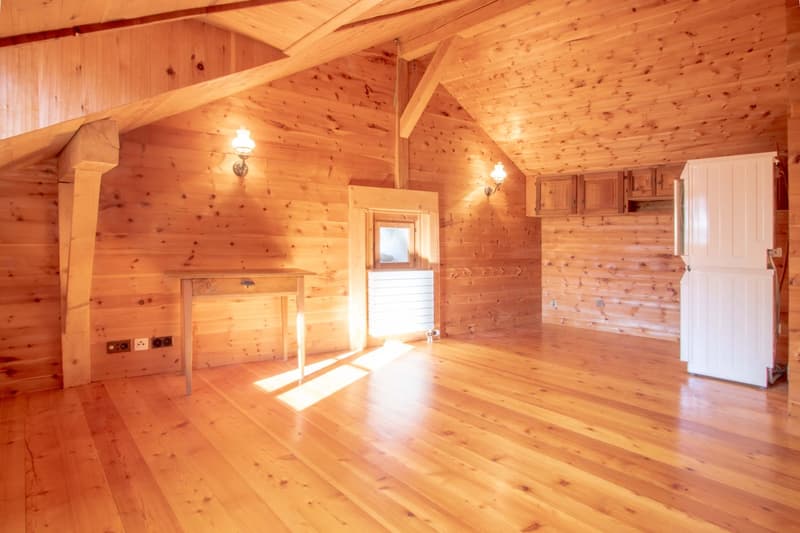 wooden interior, wooden floor, wooden wall, wooden table, wooden window, lamps, wooden cabinets, refrigerator, power outlets