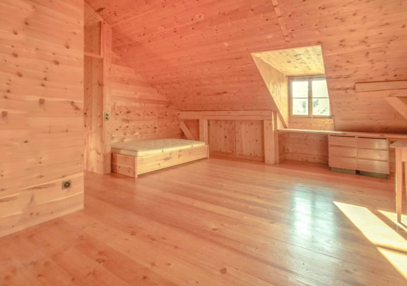 Wooden walls and floor, small bed, wooden window, skylight