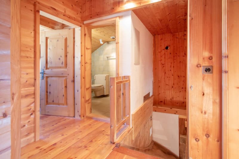 wooden walls, wooden floor, toilet, open doorway