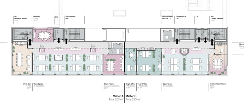 WC for men and women, Meeting space, Office rooms of various sizes, Work Cafe, Office Open Space, Silent Rooms, Multi-functional Room, Stairs, Elevators, Stairwells