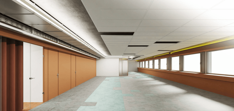 long hallway, large windows, modern design, large open space