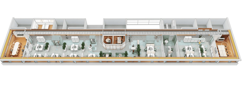 multiple office spaces, meeting rooms, kitchen, balconies, common areas