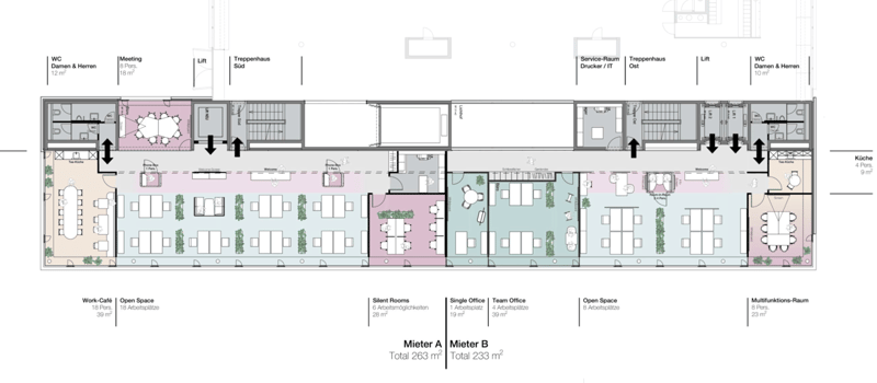 18 person work cafe, 18 person open space, 6 single office spaces, 4 team offices, 8 open spaces, 8 person multifunctional room