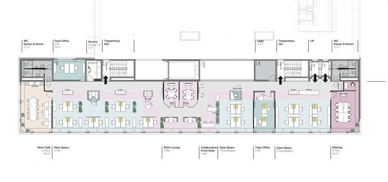 Team Office, Open Space, Work Lounge, Meeting Space, Collaboration & Hot Desk, Work-Cafe, Storage, Stairs, Stairs, Stairs, Elevator, Stairs