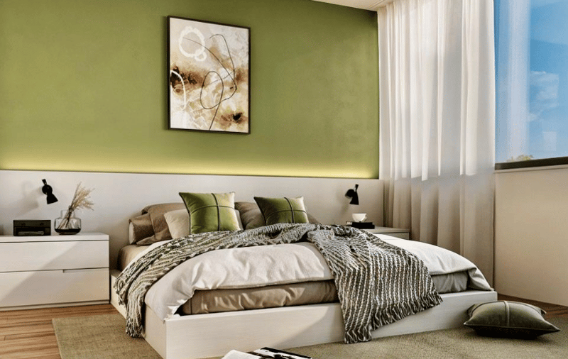 Large bed, green walls, pillows, curtains, nightstands, rug, wooden floor, artwork, window with view