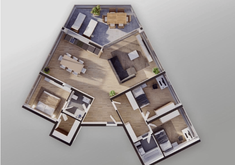 4 bedrooms, kitchen, dining room, living room, bathroom, balcony