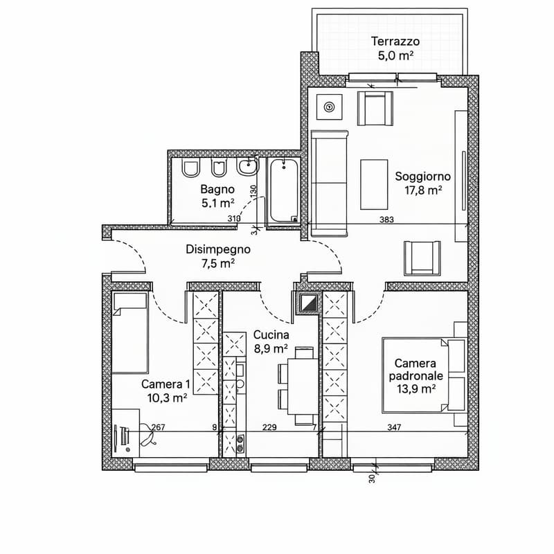 Terrace, bedroom, bathroom, living room, kitchen, utility room, and a small room
