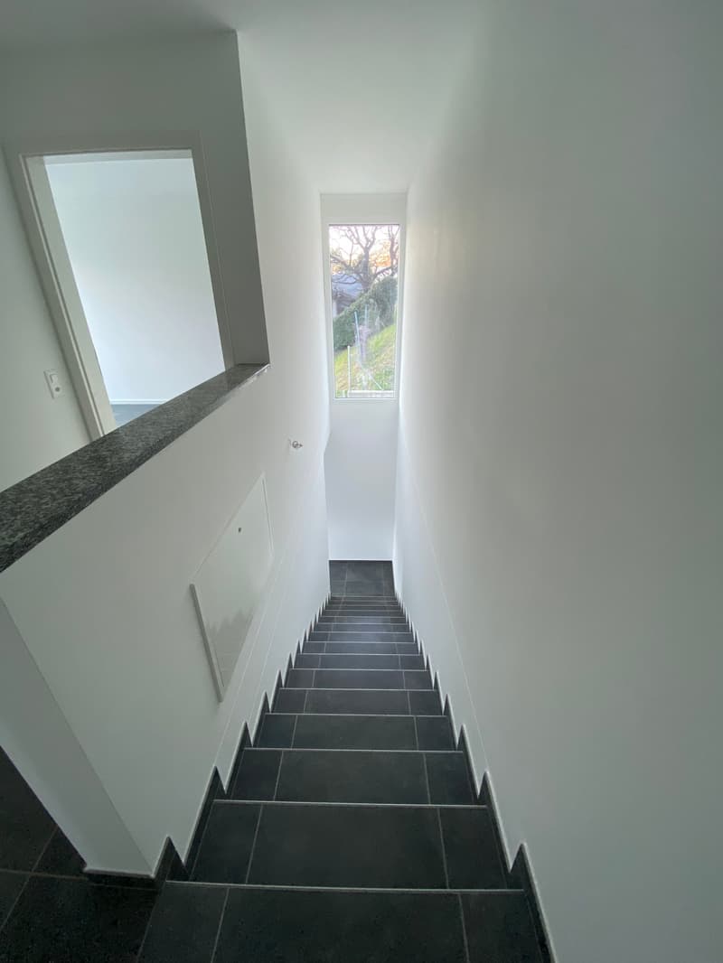 The interior photo depicts a staircase with black tiled steps ascending to an upper level. The staircase is flanked by white walls, and there is a marble-topped railing at the top. Through a window, a view of the outside, including greenery, can be seen.