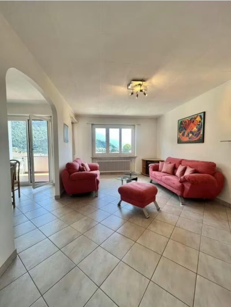 living room with 2 red couches, ottoman, table, picture, radiator, sliding doors leading to balcony, ceiling lamp