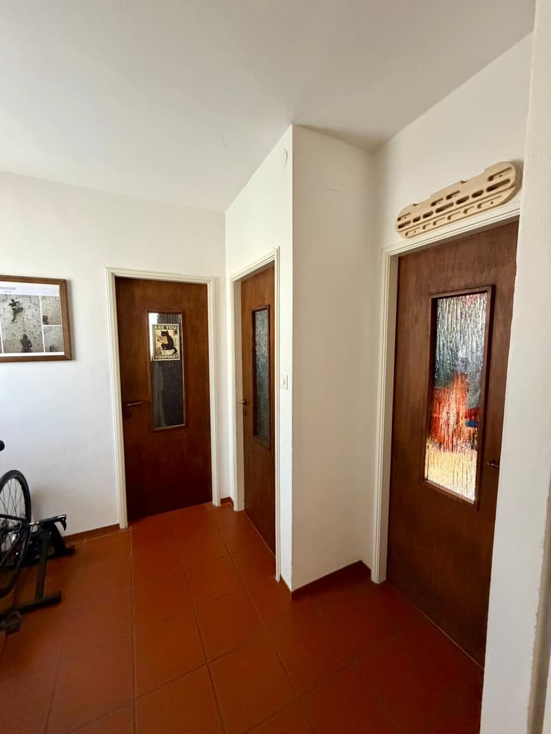Three wooden doors, brown tiles, picture frame, bicycle