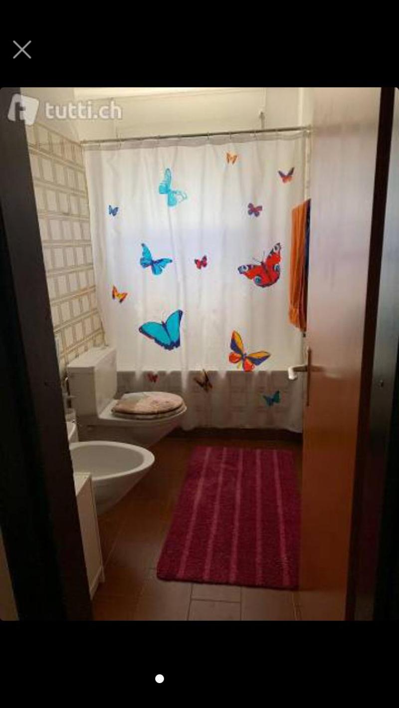 Bathroom with shower, toilet, sink, white tiles, blue butterfly pattern shower curtain, red bath mat