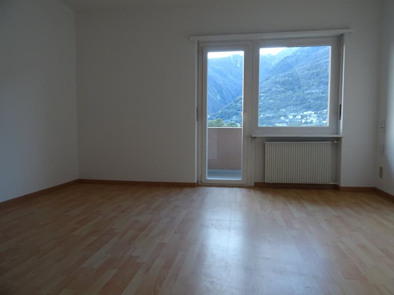 Wooden floor, white walls, glass door, large window, radiator, panoramic view of mountains