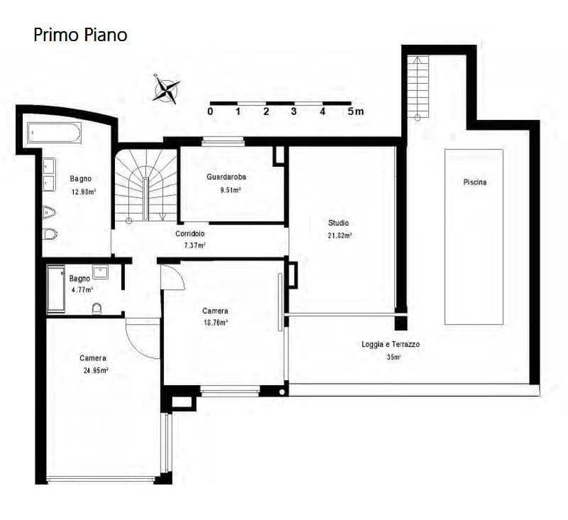Floor plan showing a layout with a living room, kitchen, two bedrooms, two bathrooms, a studio, and a terrace.