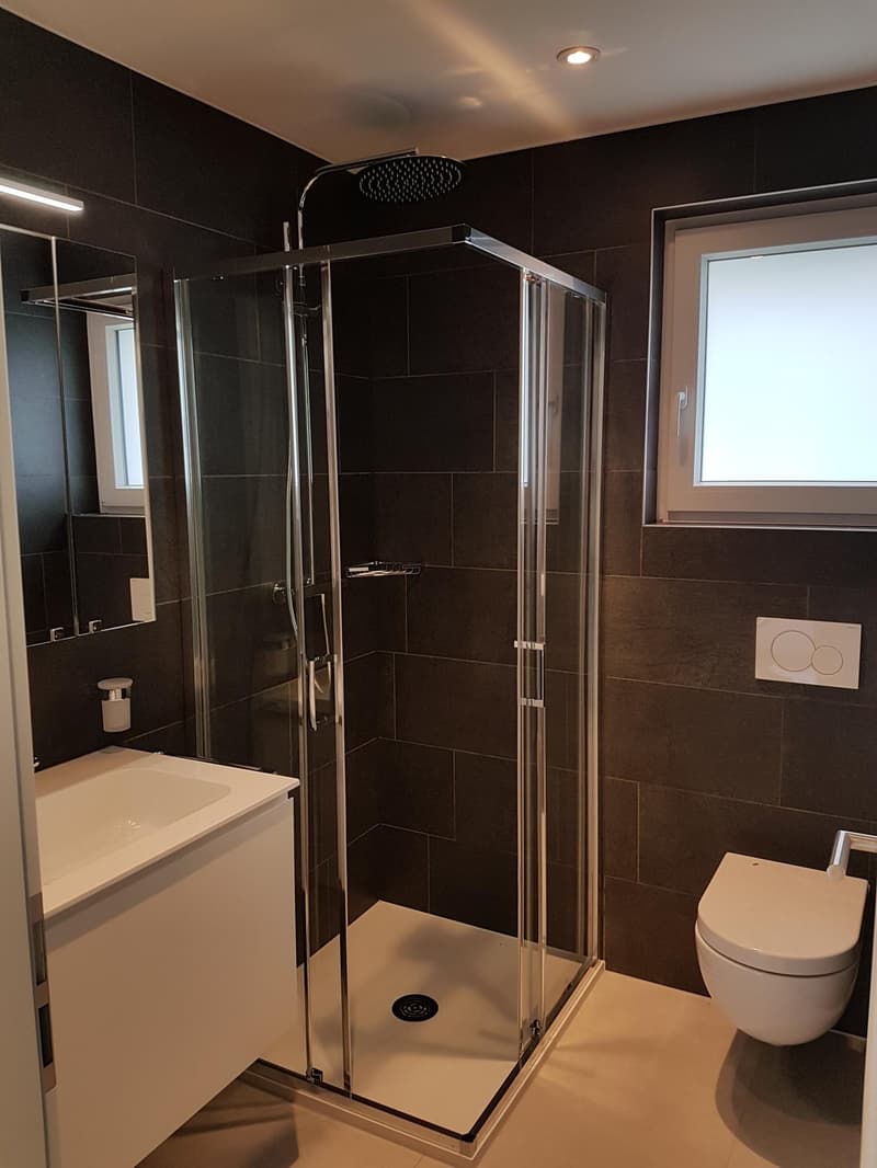 shower cubicle, white toilet, white sink, black tiles