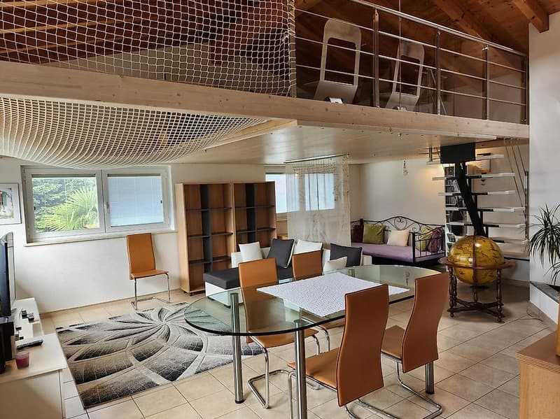balcony, dining table, 2 chairs, wooden floor, staircase, loft