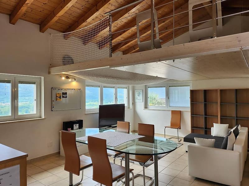 dining room, balcony, dining table, couch, shelves, windows, television