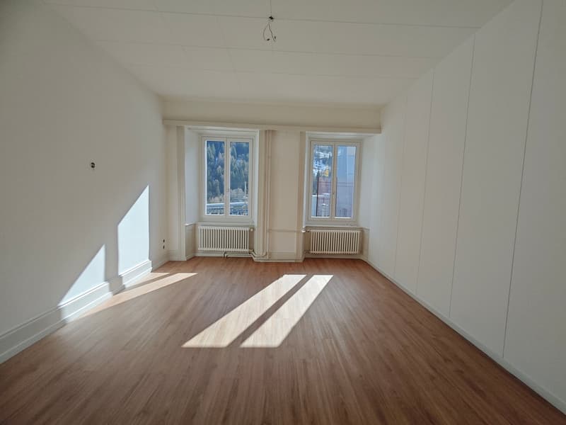 empty room, wooden floor, white walls, 2 windows, built-in radiators, sun rays