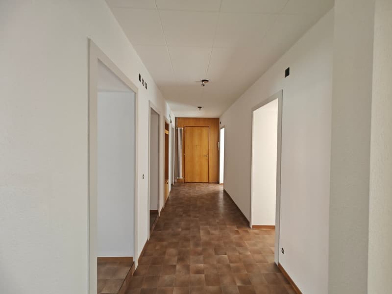 Brown tile floor, white walls, brown door, hallway leading to several doors