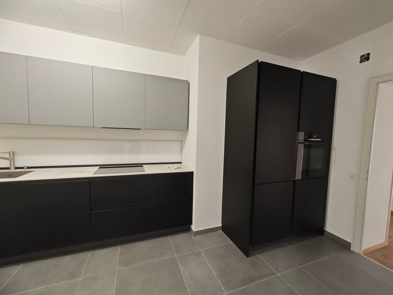 Modern, minimalistic kitchen with black cabinetry, marble countertops, stainless steel appliances, integrated dishwasher and washing machine, neutral color palette