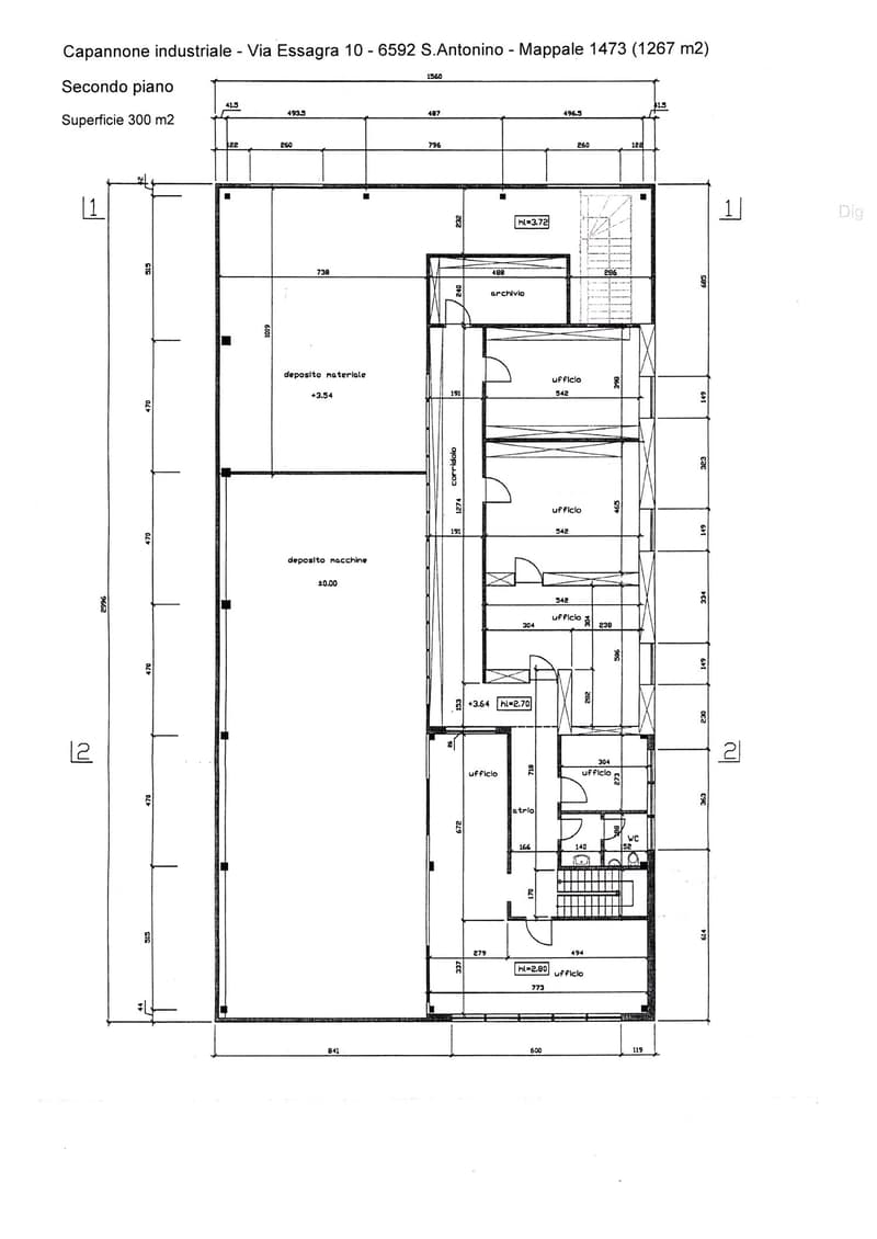 Industrial warehouse floor plan with multiple office spaces, storage areas, and machine depots.