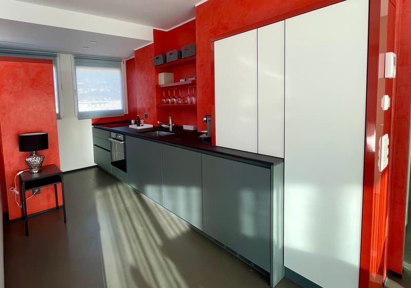 modern kitchen with red wall, gray cabinets, black countertops, gray and white appliances, sink with faucet, shelves, wine glasses